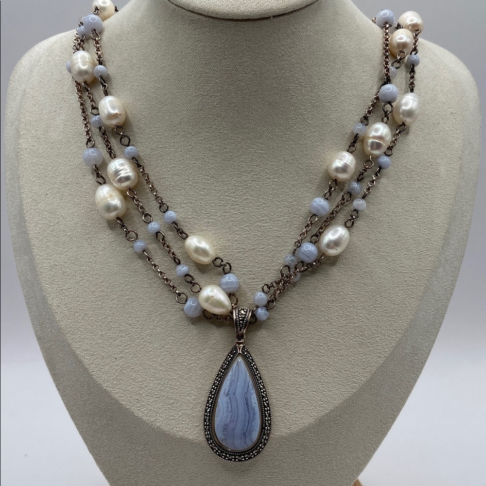 Suspicion Marcasite Sterling Silver 925 3 Strand Blue Lace Agate Pearl Necklace
